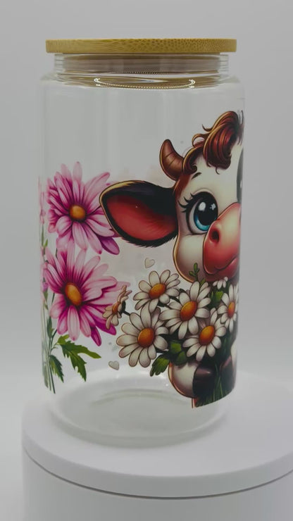 Verre en vitre réutilisable - Vache et ses marguerites 🌼